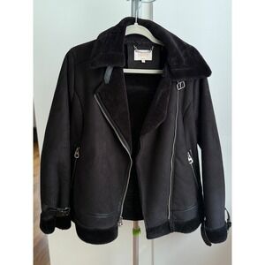Black Faux Suede Fur Lined Moto Biker Jacket / Small